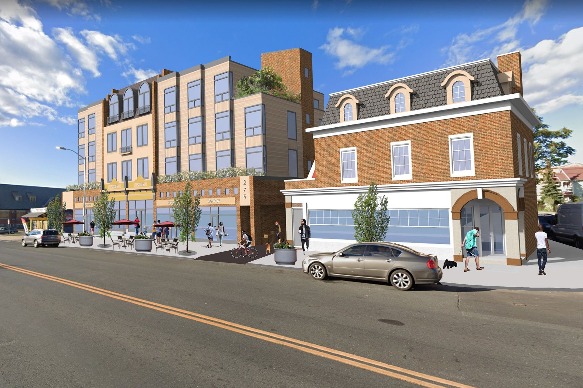 Street view of modern and traditional brick buildings with people walking and sitting at outdoor tables.