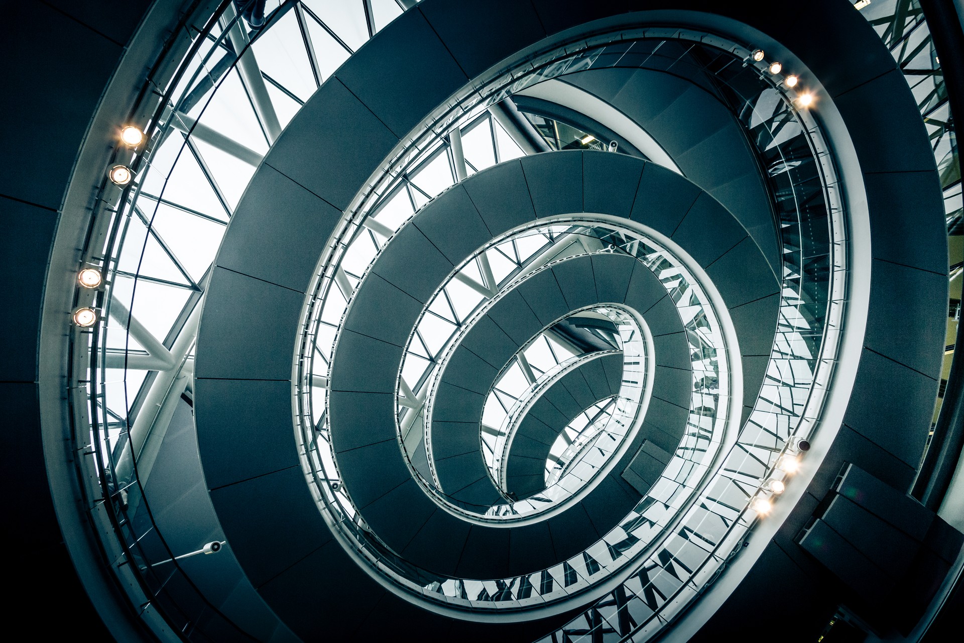 Abstract modern architecture and winding staircase in the city